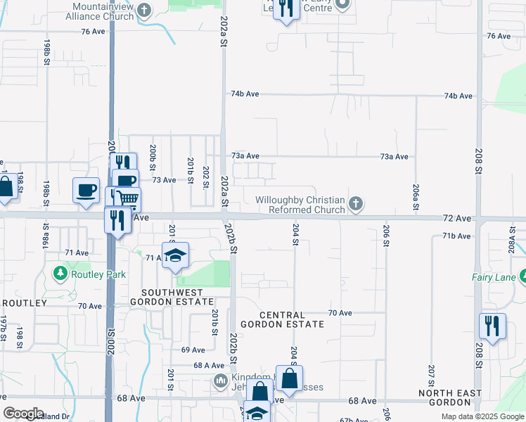 map of restaurants, bars, coffee shops, grocery stores, and more near 20362 72B Avenue in Langley Township