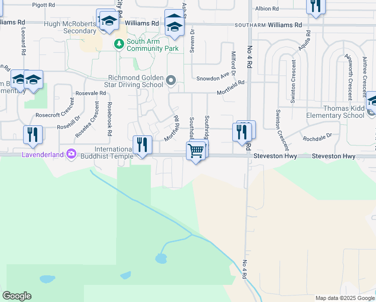 map of restaurants, bars, coffee shops, grocery stores, and more near 10831 Southdale Road in Richmond