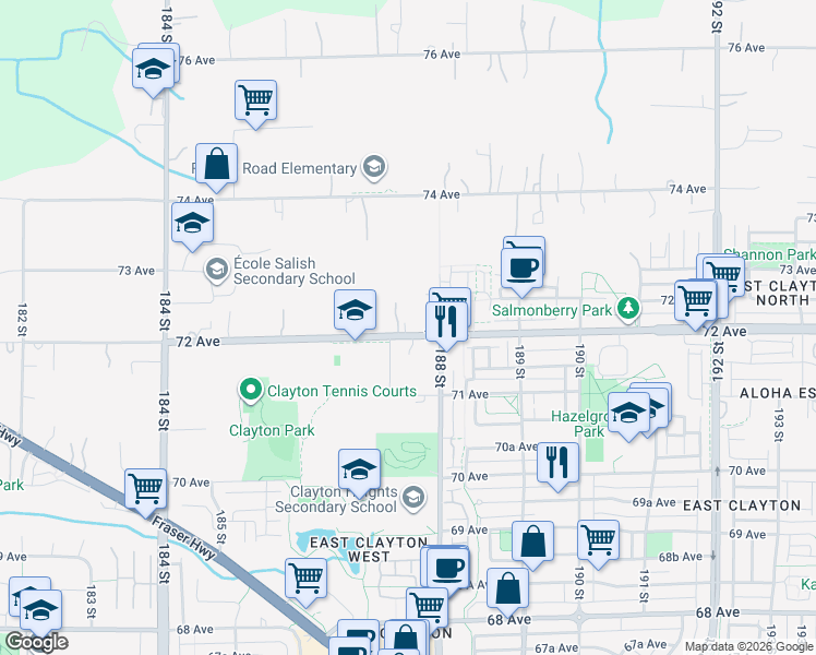 map of restaurants, bars, coffee shops, grocery stores, and more near 18751 72 Avenue in Surrey