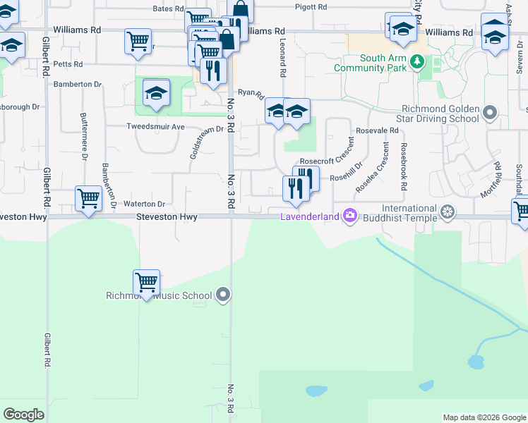 map of restaurants, bars, coffee shops, grocery stores, and more near 8171 Steveston Highway in Richmond