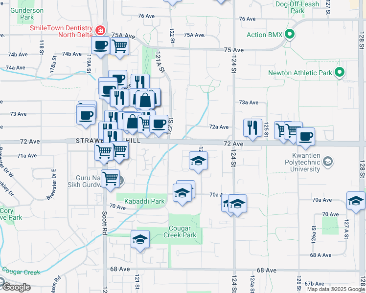 map of restaurants, bars, coffee shops, grocery stores, and more near 12248 72 Avenue in Surrey