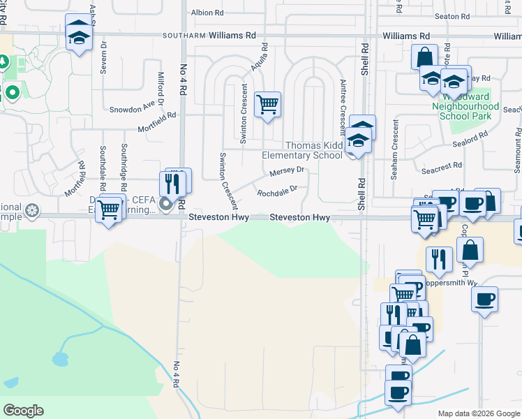 map of restaurants, bars, coffee shops, grocery stores, and more near 10371 Steveston Highway in Richmond