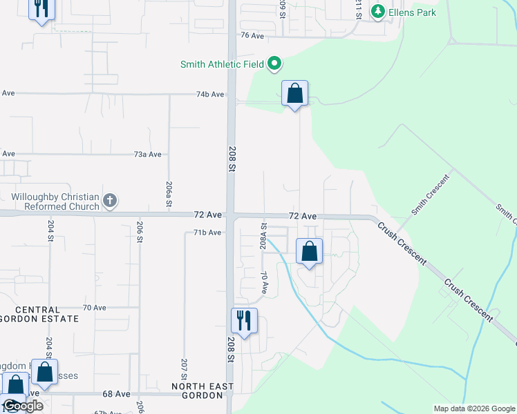 map of restaurants, bars, coffee shops, grocery stores, and more near 20861 72 Avenue in Langley City