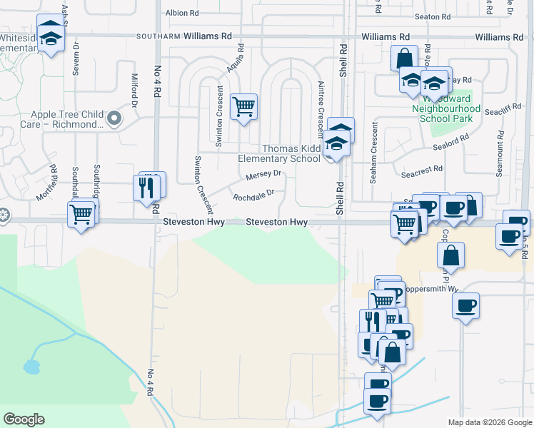 map of restaurants, bars, coffee shops, grocery stores, and more near 10471 Steveston Highway in Richmond