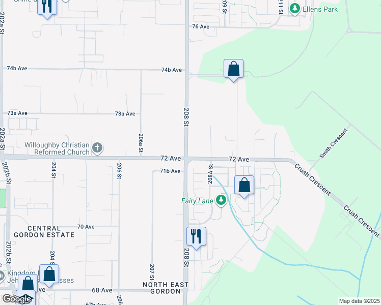 map of restaurants, bars, coffee shops, grocery stores, and more near 20815 72 Avenue in Langley