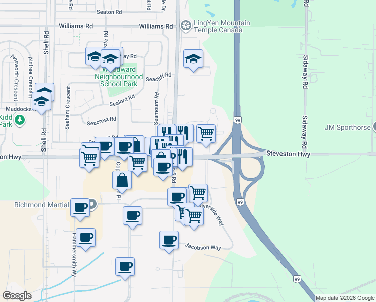 map of restaurants, bars, coffee shops, grocery stores, and more near 10880 Number 5 Road in Richmond