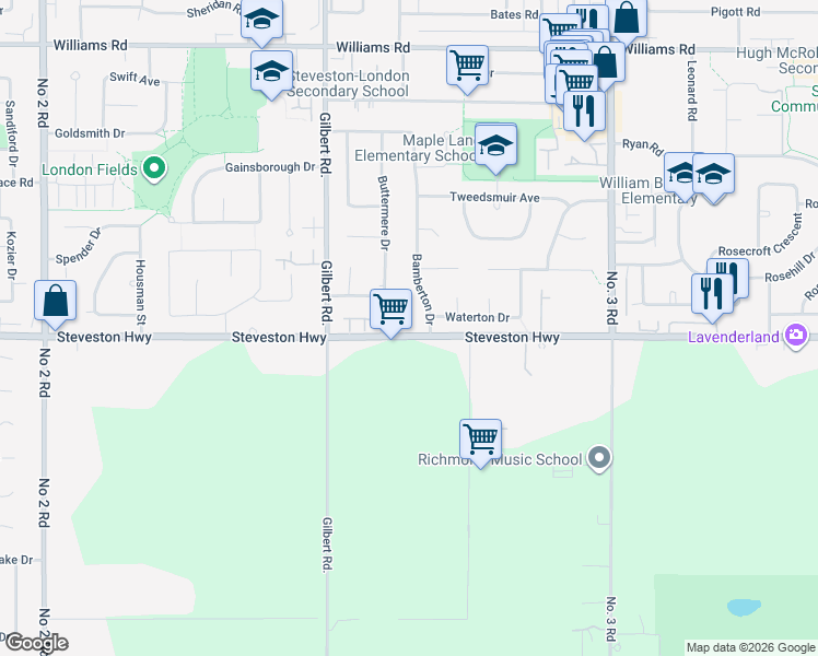 map of restaurants, bars, coffee shops, grocery stores, and more near 7231 Steveston Highway in Richmond