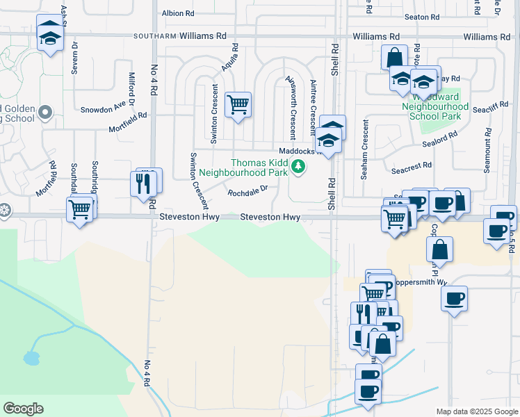 map of restaurants, bars, coffee shops, grocery stores, and more near 10471 Steveston Highway in Richmond