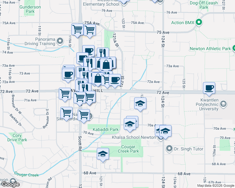 map of restaurants, bars, coffee shops, grocery stores, and more near 12172 72 Avenue in Surrey