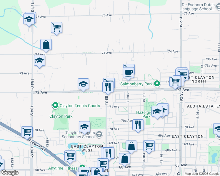 map of restaurants, bars, coffee shops, grocery stores, and more near 18810 72 Avenue in Surrey