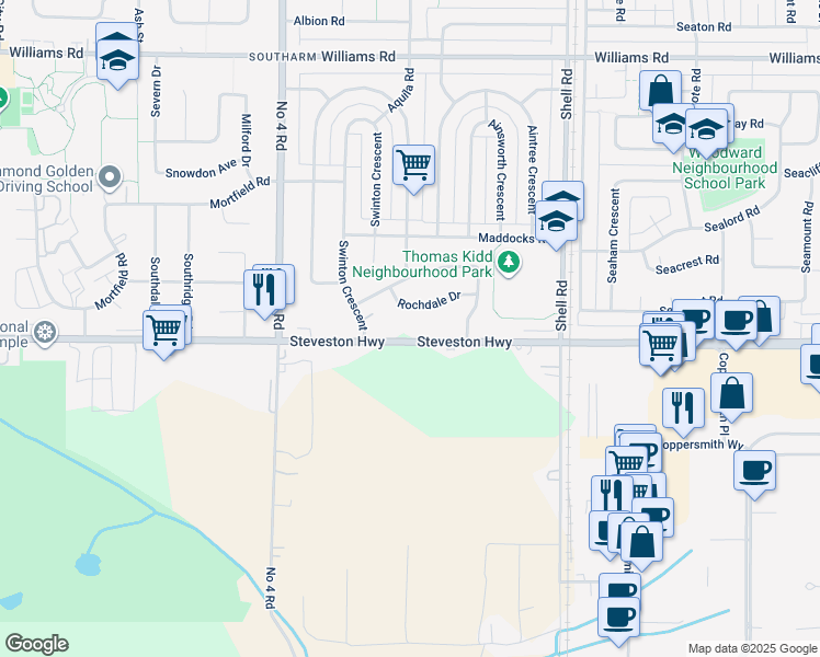 map of restaurants, bars, coffee shops, grocery stores, and more near 10391 Steveston Highway in Richmond