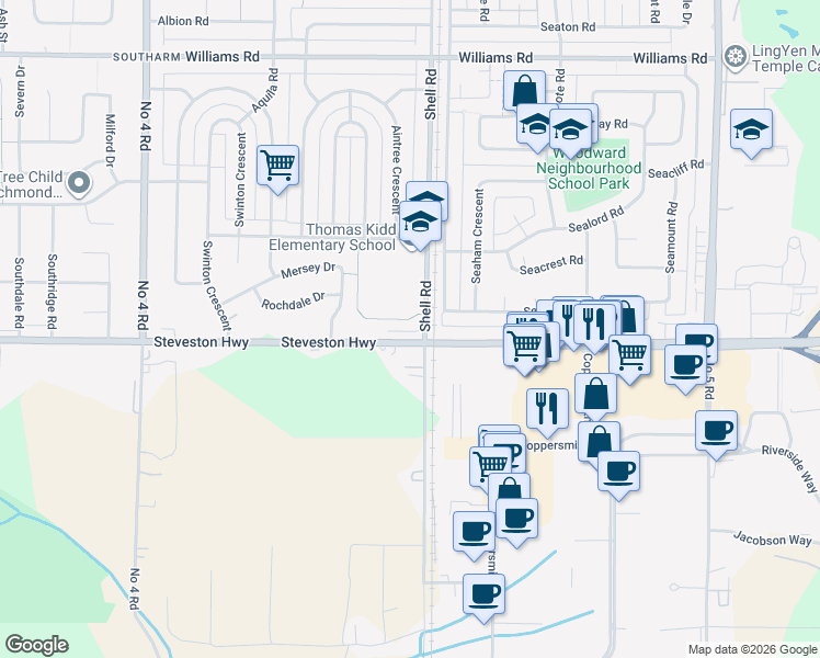 map of restaurants, bars, coffee shops, grocery stores, and more near 10999 Steveston Highway in Richmond