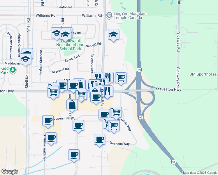 map of restaurants, bars, coffee shops, grocery stores, and more near 12011 Steveston Highway in Richmond