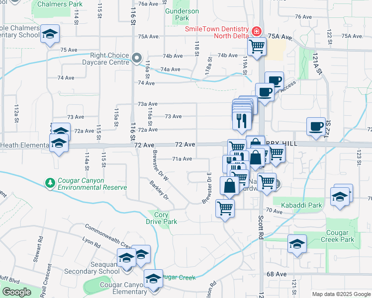 map of restaurants, bars, coffee shops, grocery stores, and more near 11770 72 Avenue in Delta