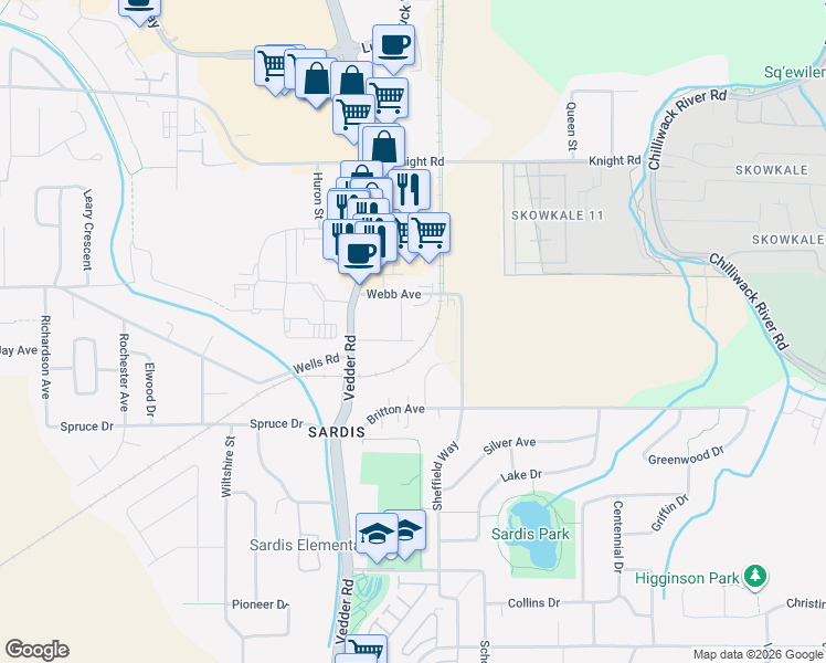 map of restaurants, bars, coffee shops, grocery stores, and more near 45785 Alder Avenue in Chilliwack