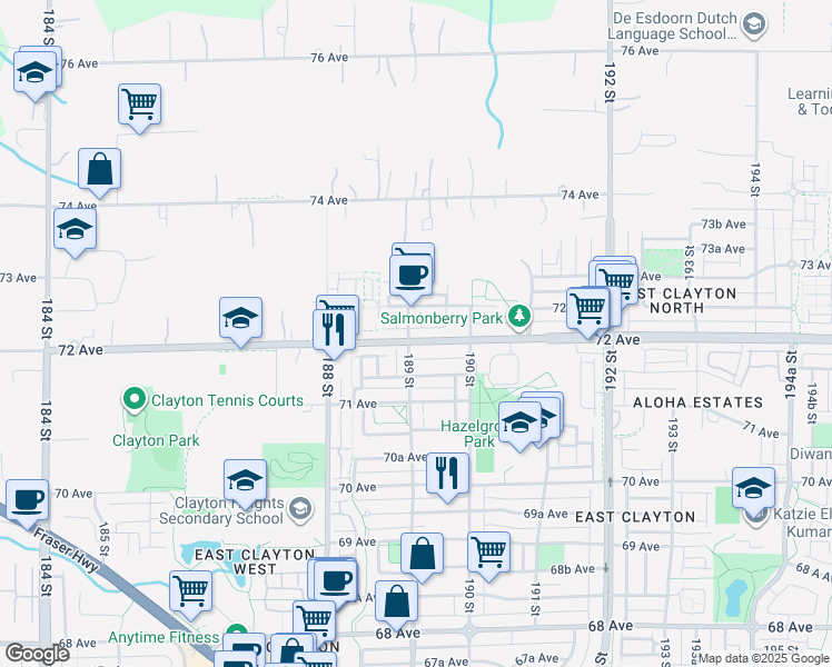 map of restaurants, bars, coffee shops, grocery stores, and more near 7238 189 Street in Surrey