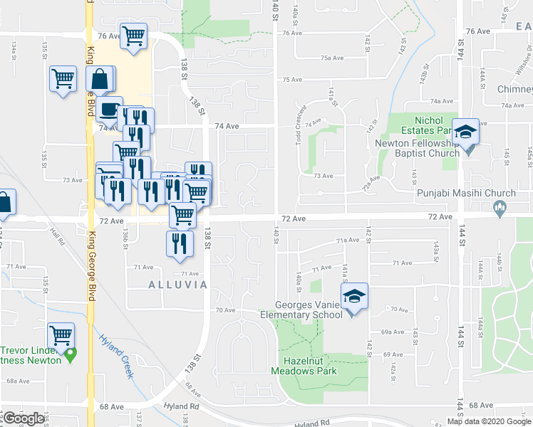 map of restaurants, bars, coffee shops, grocery stores, and more near 13977 72 Avenue in Surrey