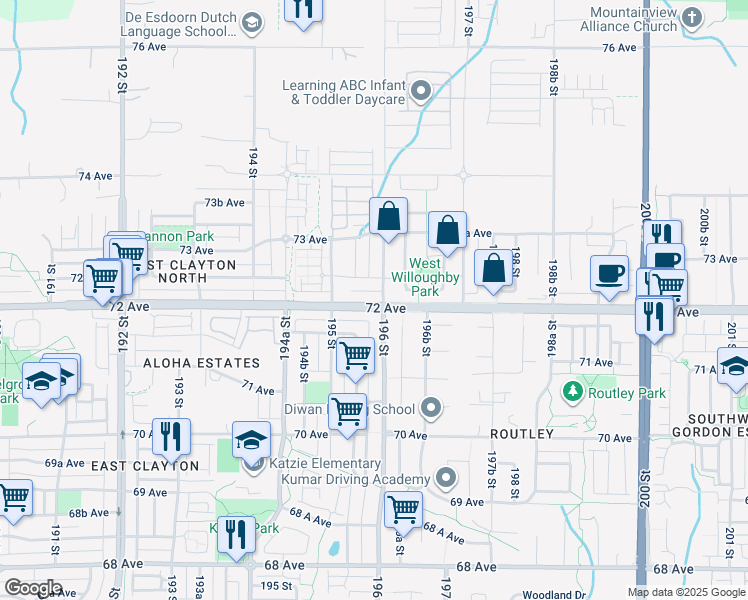map of restaurants, bars, coffee shops, grocery stores, and more near 19593 72 Avenue in Surrey