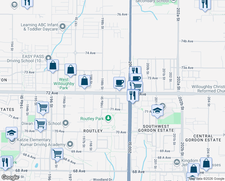 map of restaurants, bars, coffee shops, grocery stores, and more near 19 72 Avenue in Langley