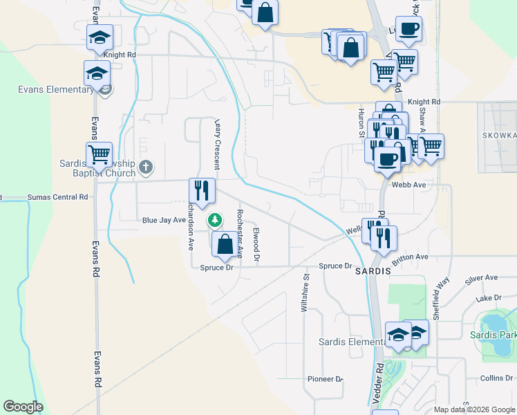 map of restaurants, bars, coffee shops, grocery stores, and more near 45431 Wells Road in Chilliwack