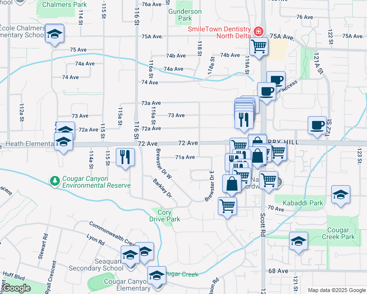 map of restaurants, bars, coffee shops, grocery stores, and more near 11746 72 Avenue in Delta