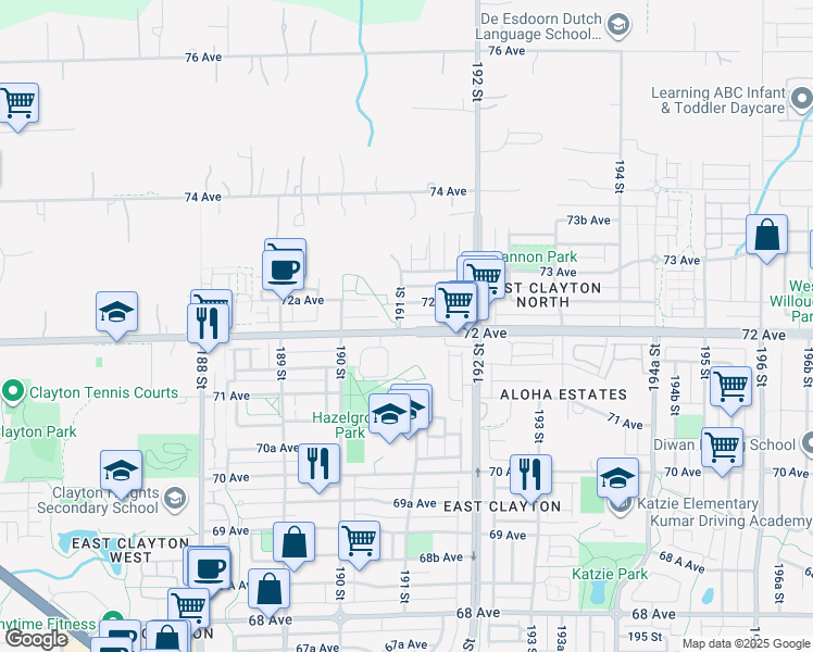 map of restaurants, bars, coffee shops, grocery stores, and more near 19105 72 Avenue in Surrey