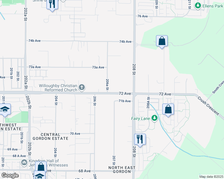 map of restaurants, bars, coffee shops, grocery stores, and more near 7230 206A Street in Langley