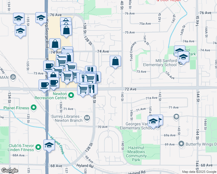 map of restaurants, bars, coffee shops, grocery stores, and more near in Surrey