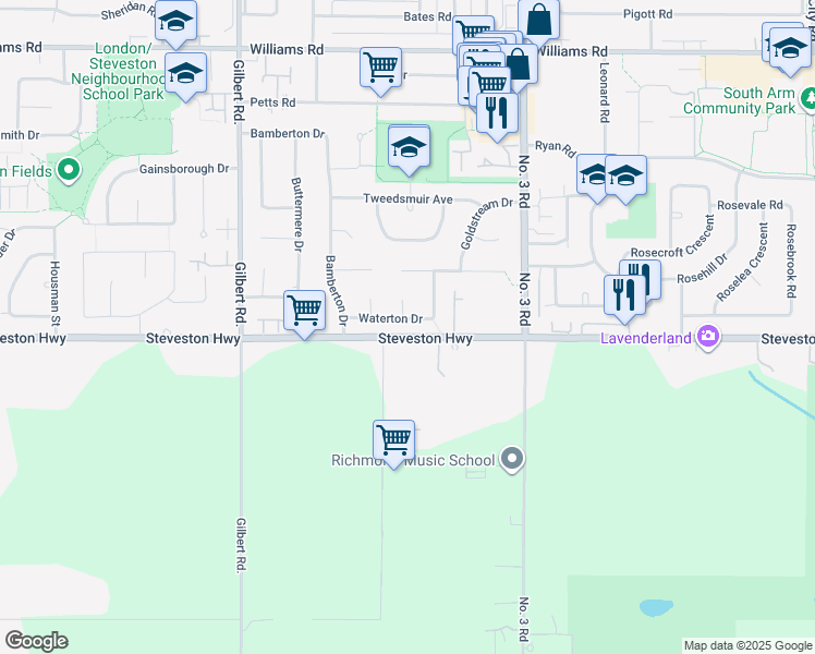 map of restaurants, bars, coffee shops, grocery stores, and more near 7560 Waterton Drive in Richmond