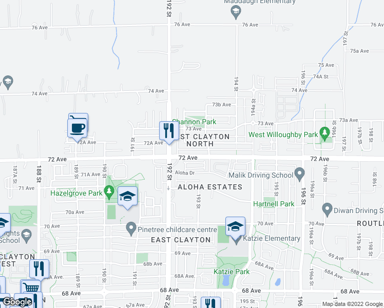 map of restaurants, bars, coffee shops, grocery stores, and more near 19267 72 Avenue in Surrey