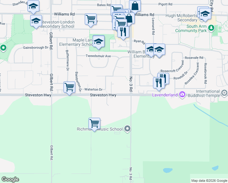 map of restaurants, bars, coffee shops, grocery stores, and more near 7631 Steveston Highway in Richmond