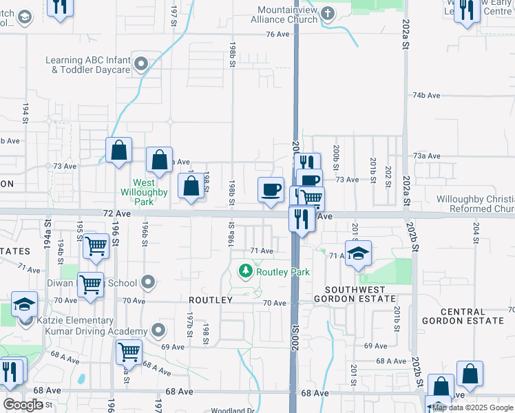 map of restaurants, bars, coffee shops, grocery stores, and more near 19917 72 Avenue in Langley