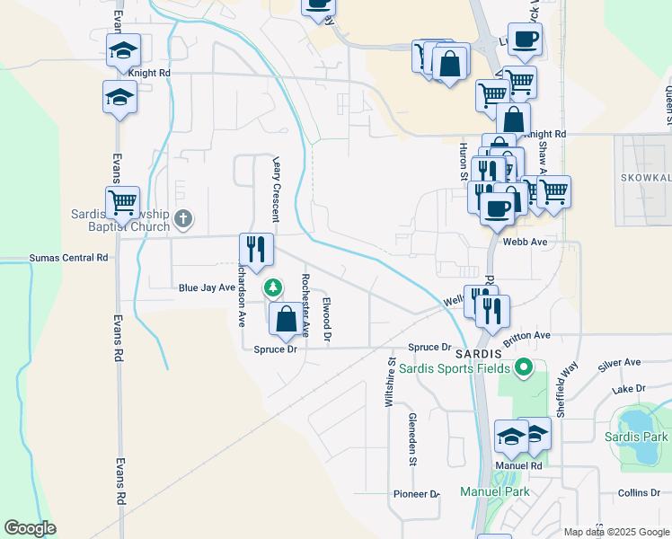 map of restaurants, bars, coffee shops, grocery stores, and more near 45435 Wells Road in Chilliwack