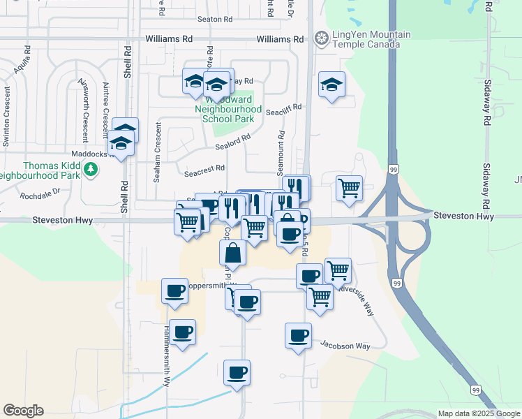 map of restaurants, bars, coffee shops, grocery stores, and more near 11511 Steveston Highway in Richmond