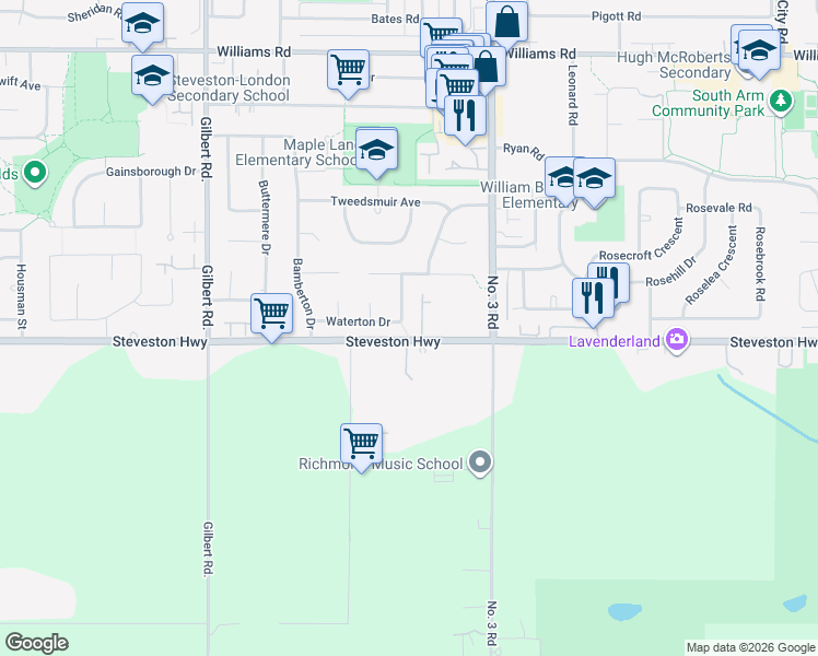map of restaurants, bars, coffee shops, grocery stores, and more near 7720 Waterton Drive in Richmond