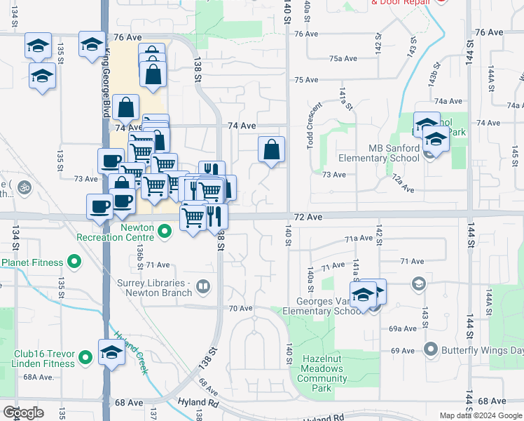map of restaurants, bars, coffee shops, grocery stores, and more near 13947 72 Avenue in Surrey