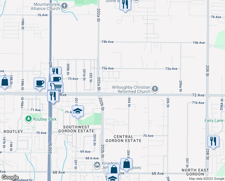 map of restaurants, bars, coffee shops, grocery stores, and more near 20286 72B Avenue in Langley