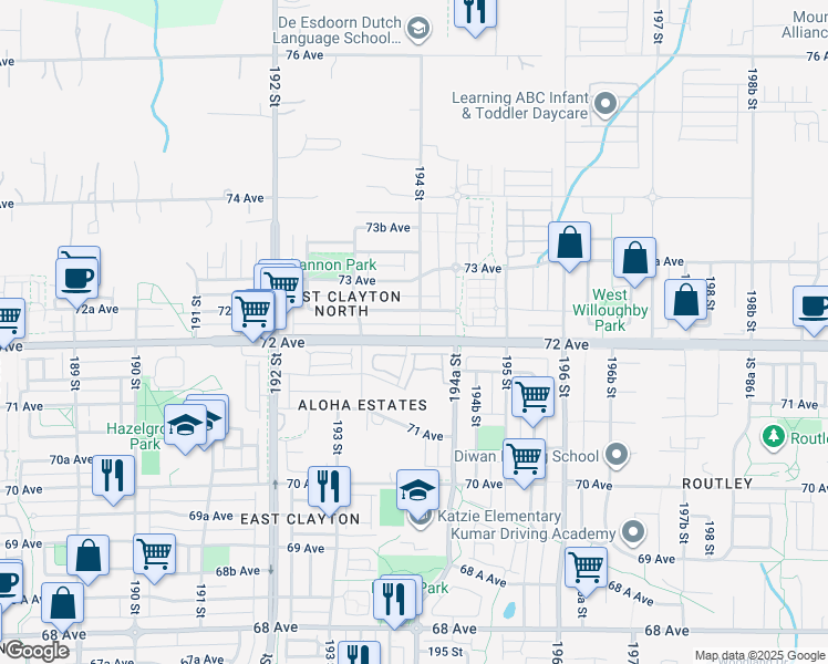 map of restaurants, bars, coffee shops, grocery stores, and more near 19391 72 Avenue in Surrey