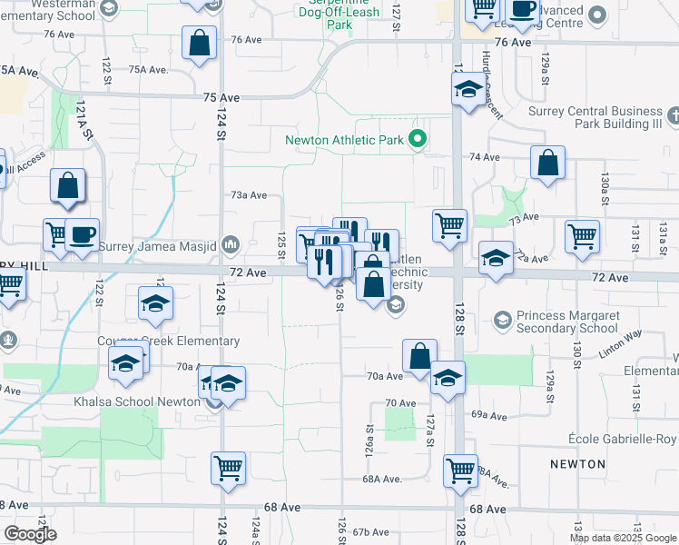 map of restaurants, bars, coffee shops, grocery stores, and more near 7707 126 Street in Surrey