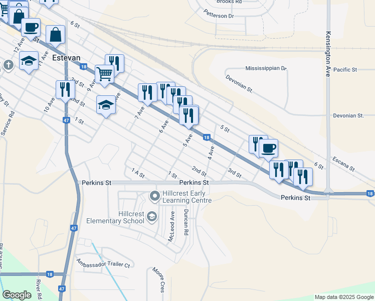 map of restaurants, bars, coffee shops, grocery stores, and more near 442 3rd Street in Estevan