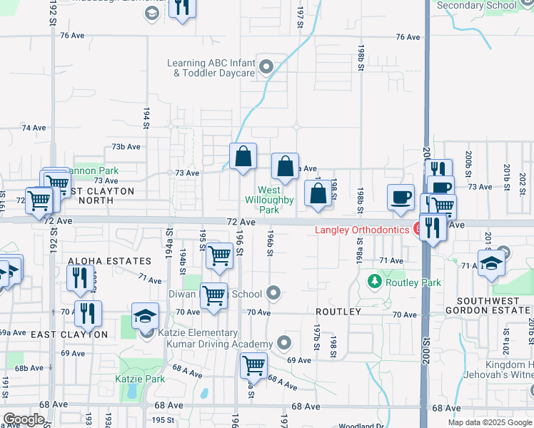 map of restaurants, bars, coffee shops, grocery stores, and more near 19618 72A Avenue in Langley