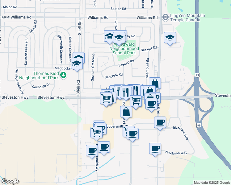 map of restaurants, bars, coffee shops, grocery stores, and more near 11393 Steveston Highway in Richmond