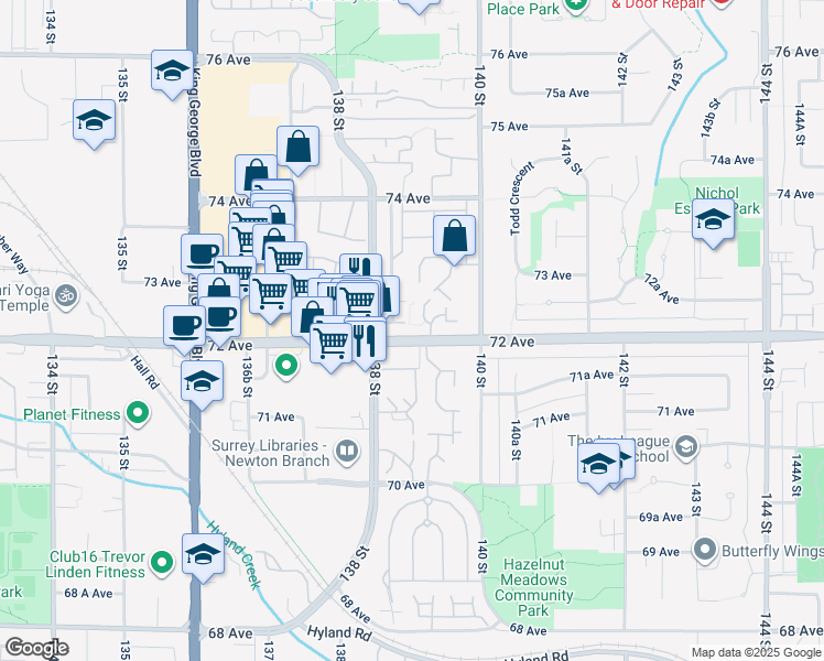 map of restaurants, bars, coffee shops, grocery stores, and more near 101 72 Avenue in Surrey
