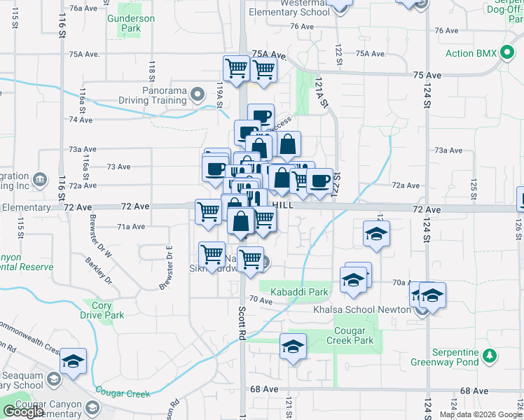 map of restaurants, bars, coffee shops, grocery stores, and more near 12044 72 Avenue in Surrey