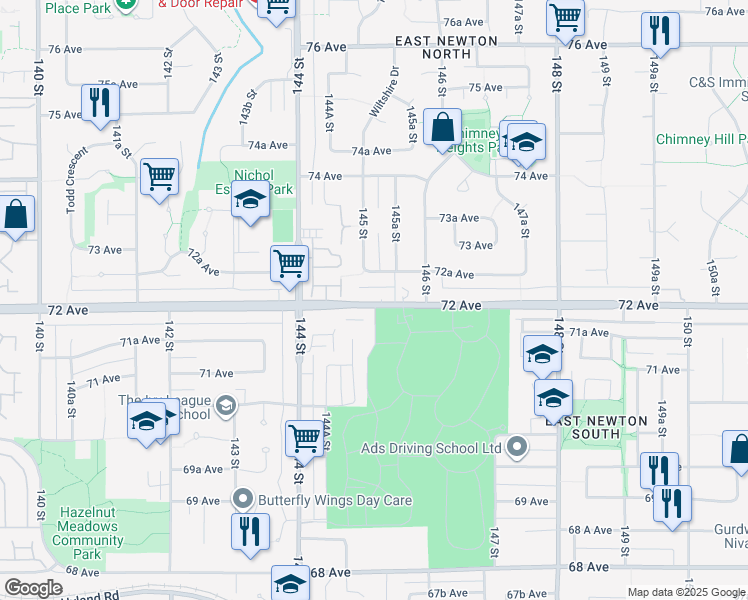 map of restaurants, bars, coffee shops, grocery stores, and more near 14517 72 Avenue in Surrey
