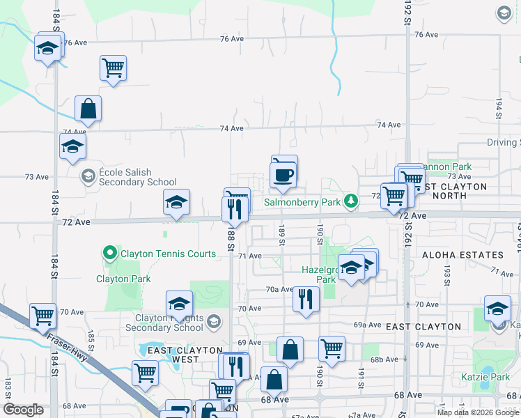 map of restaurants, bars, coffee shops, grocery stores, and more near 18855 72 Avenue in Surrey