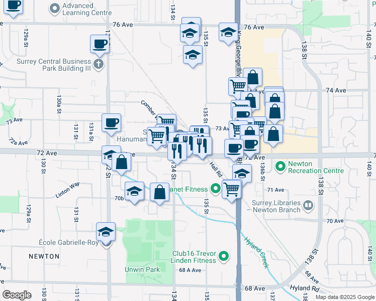 map of restaurants, bars, coffee shops, grocery stores, and more near 13443 72 Avenue in Surrey