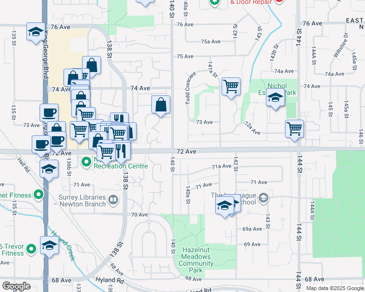 map of restaurants, bars, coffee shops, grocery stores, and more near 14033 72 Avenue in Surrey