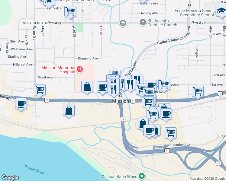 map of restaurants, bars, coffee shops, grocery stores, and more near 32423 Lougheed Highway in Mission