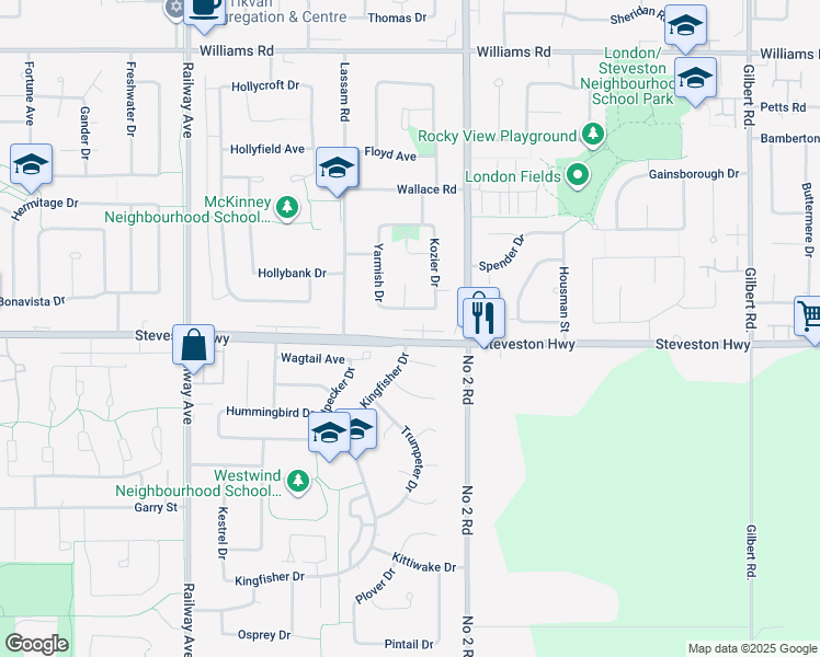 map of restaurants, bars, coffee shops, grocery stores, and more near 5651 Steveston Highway in Richmond